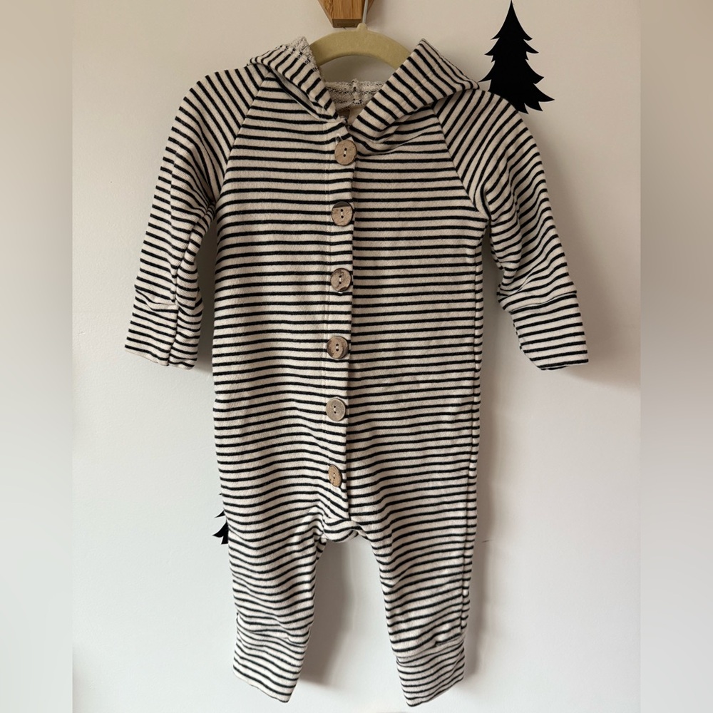 Childhoods Hooded Romper - Narrow Natural Stripe - 6-12 Months